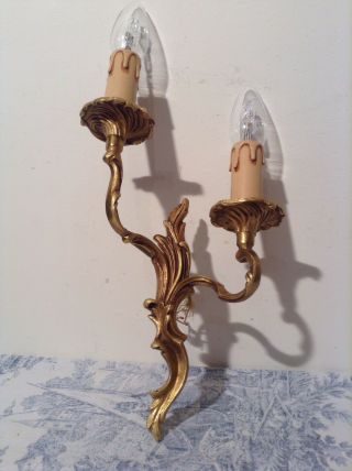 Vintage French Acanthus Leaf Bronze Double Wall Sconce Light