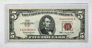 1963 $5 Red Seal Federal Reserve Note Rare Old Five Dollar Bill Choice - Vf - Ef