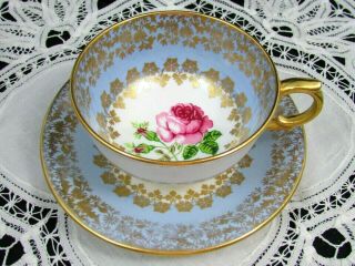 Windsor Pink Enamel Rose Fancy Gold Designs Blue Tea Cup And Saucer