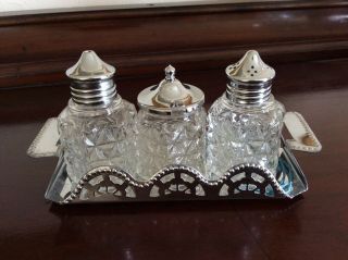 Vintage Chrome And Glass Three Piece Cruet With Stand