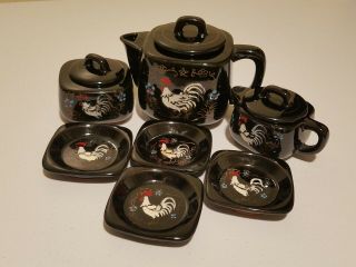 Vintage Rare Japanese Hand Painted Ceramic Black Rooster Teapot Set Unique