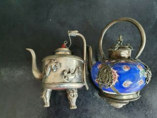 Antique Chinese White Metal Teapot & Porcelainteapot With White Metal Mounts