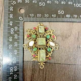 Authentic Antique Hand Set Peals And Stones Victorian Style Brass Pin Brooch