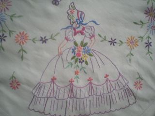 Large Vintage Crinoline Ladies Hand Embroidered Tablecloth 65 " X 63 "