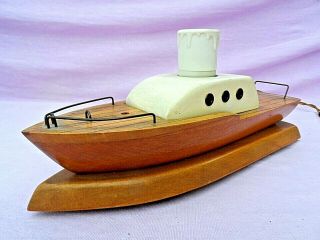 Vintage Wooden Boat Table Lamp 11 1/2 " Long Gwo C1960 