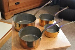 Set Of Four Vintage Brass Pans With Brass Handles