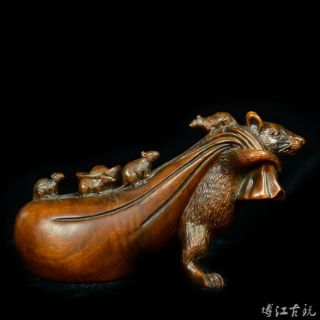 Collectable China Old Boxwood Hand - Carved Mouse & Wealth Bring Luck Decor Statue