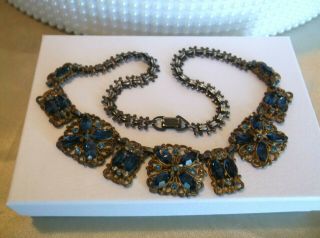 Antique Vintage Sapphire Blue Open Back Rhinestones Gilt Cast Metal Necklace
