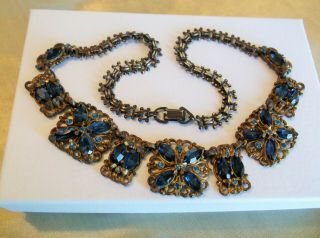 Antique Vintage Sapphire Blue Open Back Rhinestones Gilt Cast Metal Necklace 2