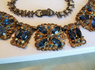 Antique Vintage Sapphire Blue Open Back Rhinestones Gilt Cast Metal Necklace 3