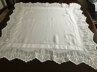 Vintage French White Linen Table Cloth With Deep Cotton Lace Edging 33 X 33 Inch