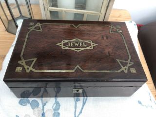 Vintage Art Deco Wooden Jewellery Box With Brass Chasing - Locked Without Key