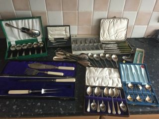 A Large Selection Of Mainly Silver Plated Cutlery,  Some In Boxes