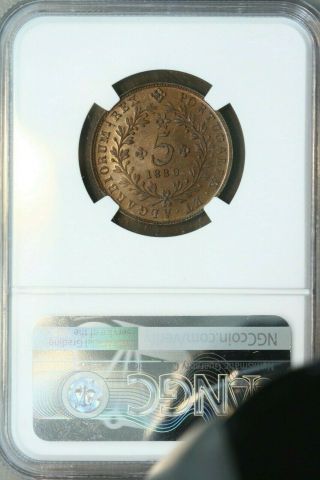 Azores 1880 5 Reis Ngc Ms 64bn Rare Grade Pop 1/1