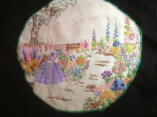 Vintage Hand Embroidered Textile Crinoline Lady In A Country Garden