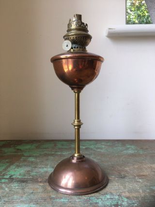 Antique Victorian Arts & Crafts Copper & Brass Oil Lamp.  Prince & Symmons Burner