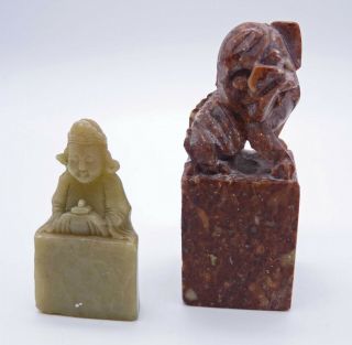 Two Miniature Chinese Carvings,  Jade Figure And Hard Stone Foo Dog/temple Lion