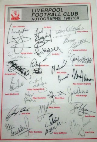 Liverpool Fc 1987 - 88 Rare Official Club Issued Autograph Sheet (pre - Printed)