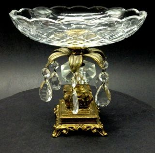 Vtg.  Hollywood Regency Ornate Gold Crystal Prism Jewel Compote Pedestal Bowl 8 "