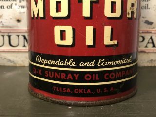 Vtg DX POWER Motor Oil 1 Quart Oil Can Tin DX Sunray Oil Co.  Tulsa Oklahoma Rare 3