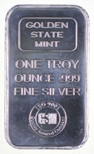 Rare Silver 1 Troy Oz.  Golden State Bar.  999 Fine Silver 957