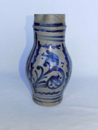 Antique Vtg Cobalt Blue Floral Design Salt Glazed Pottery Stoneware Jug Pitcher