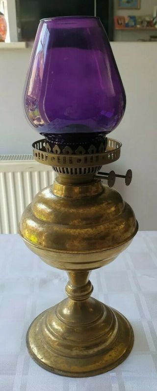 Vintage Antique Victorian Brass Hurricane Parafin Oil Lamp & Purple Glass Shade