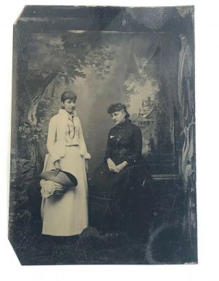 Women In Expressive Humorous Pose Studio Backdrop Antique 1/6 Plate Tintype