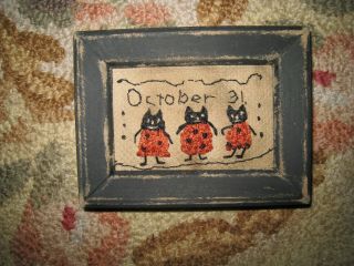 Primitive Tiny Sampler 3 Black Cats October 31 Halloween Folk Art Old Textile