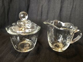 Vintage Anchor Hocking Savannah Clear Glass Sugar Bowl With Lid And Creamer
