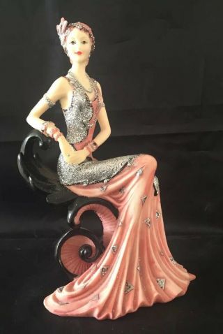 Stunning Mirai Art Deco Style Figure Of A Lady Seated In Silver & Pink Dress