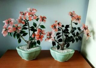 Pair Vintage Glass Oriental Bonsai Trees Pink Blossom In Celadon Style Pots