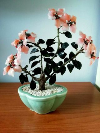 Pair Vintage Glass Oriental Bonsai Trees Pink Blossom In Celadon Style Pots 3