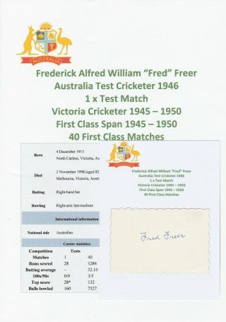 Fred Freer Australia Test Cricketer 1946 Rare Autograph