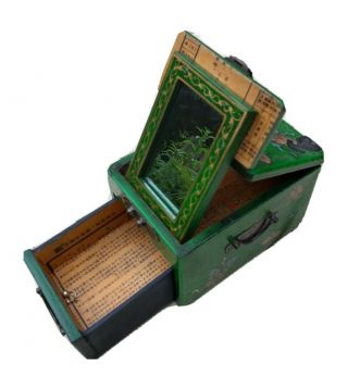 Chinese Laquered Vanity Box With Fold Out Mirror And Draw