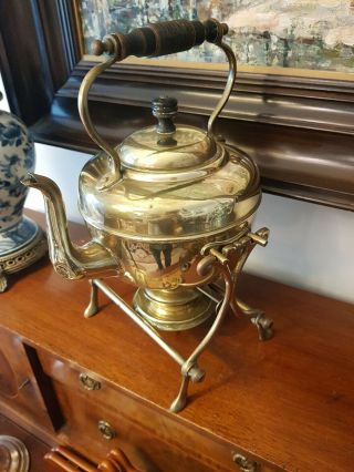 Antique Solid Brass Spirit Kettle On Stand With Burner