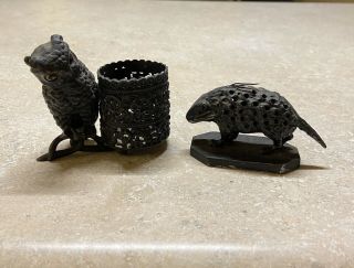 Warranted Quadruple Plate Toothpick Holders,  Owl And Porcupine By Meriden B.  Co.