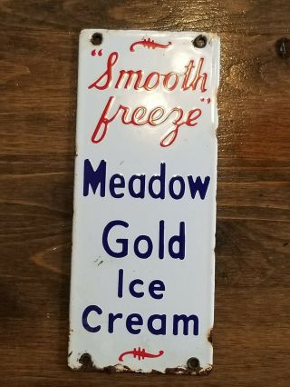 Vintage Porcelain Advertising Sign Meadow Gold Ice Cream 9×4 Rare