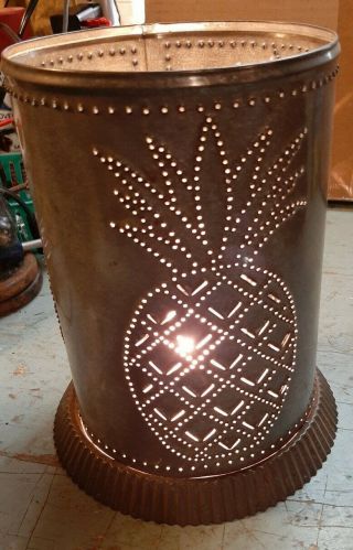 American Folk Art Punched Pierced Tin Metal Sheet Candle Lantern Lamp Pineapple
