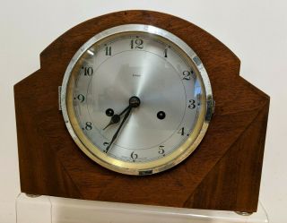 Smiths Enfield Wooden Art Deco Chiming Mantel Clock Key,  Pendulum - Needs Attn.