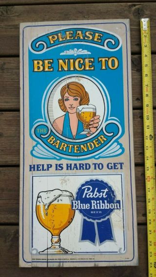 Pabst Blue Ribbon Beer Wooden Sign - Rare White Female Bartender -