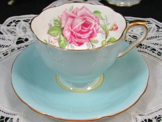 Aynsley Pink Cabbage Rose Light Blue Tea Cup And Saucer