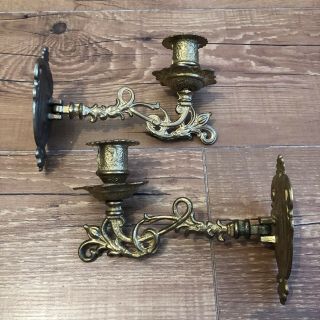 Vintage Ornate Brass Candle Holders Wall Sconces