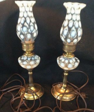 Rare Pair Vintage Fenton Opalescent Coin Dot Lamps W/ Shades 13 1/2 " Both Work
