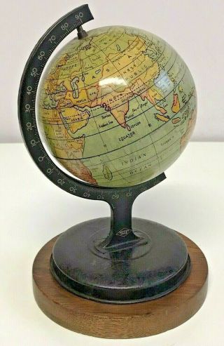 Vintage Desktop Small World Tin Globe Map Wooden Base