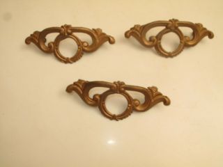 Set Of 3 Antique Brass Color Ornate French Provincial Long Drawer Pulls Handles