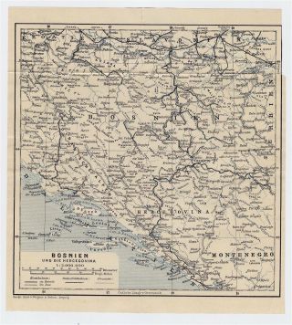 1910 Antique Map Of Bosnia And Herzegovina / Austro - Hungarian Empire