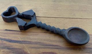 Antique 19th C Welsh Hand Carved Wooden Love Spoon Heart And Bells