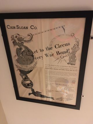 Framed Wwii Circus War Bond Poster Rare Clown Seal Elephant
