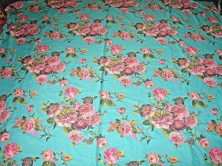 Vintage Style Cornflower Blue Pink Floral Print Large Fabric Length / Curtain